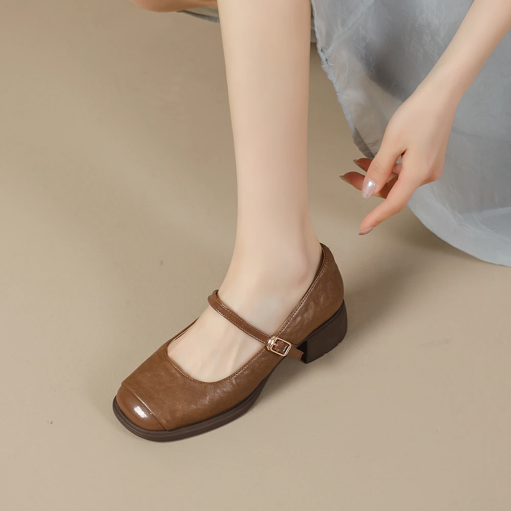 xizi/昔子985中跟浅口方头单鞋中跟粗跟复古一字带玛丽珍鞋女鞋