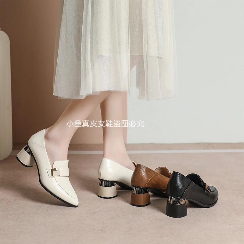 xizi/昔子7556春秋女单鞋粗跟高跟跟鞋尖头时尚中跟皮鞋女百搭