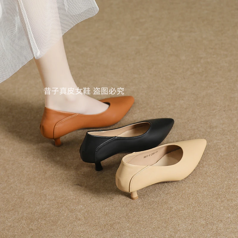 昔子611-6春季浅口新款头层牛皮单鞋工作鞋尖头软底 中跟女鞋百搭