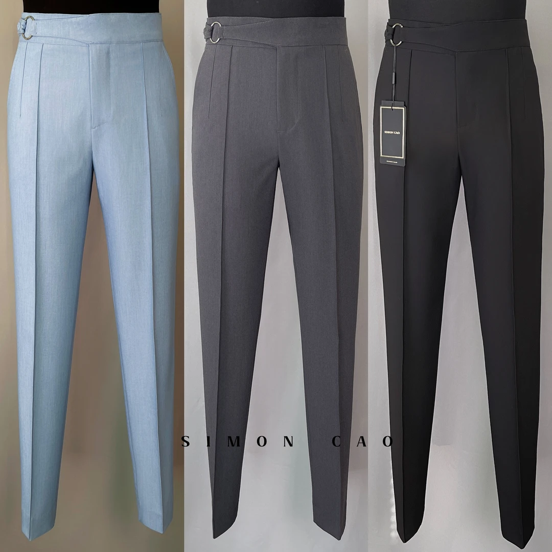 【福利】纯色铁环配饰松紧高腰修身弹力锥型商务西裤【新】