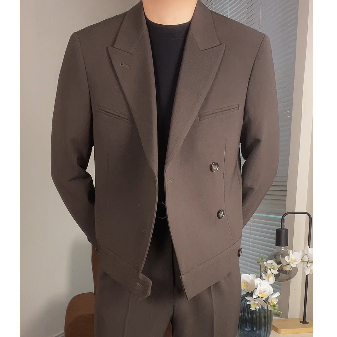 【西蒙曹】--男士轻奢痞帅修身双排扣戗驳领短款夹克