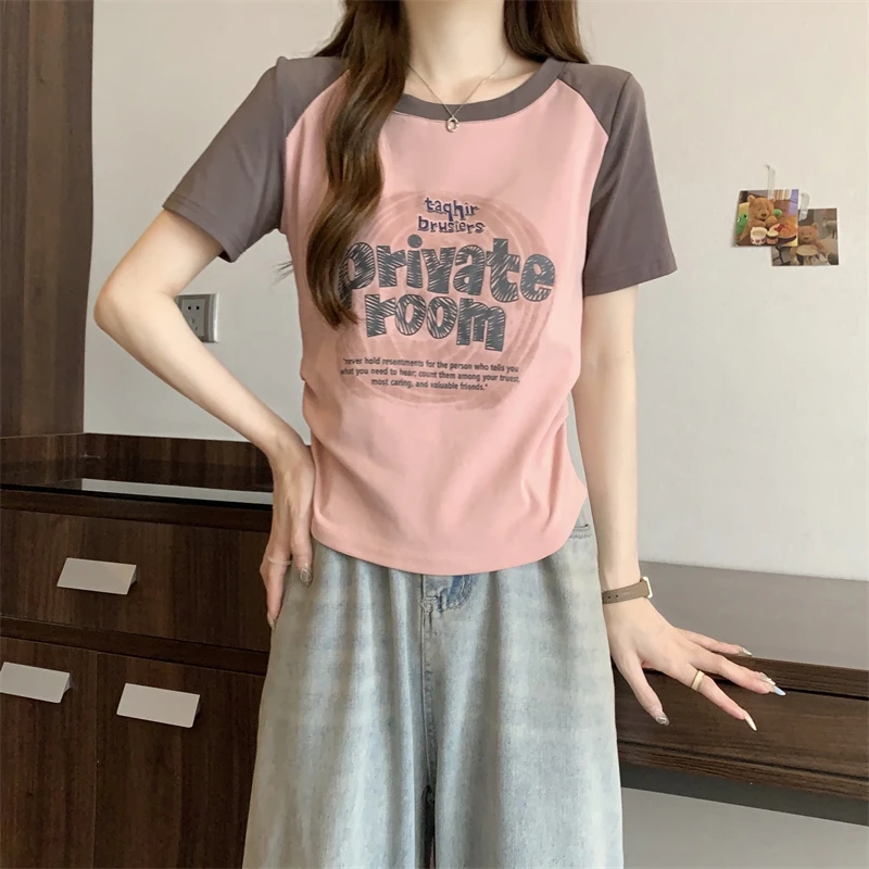 大码女装2024夏季新款时尚显瘦收腰印花字母短袖T恤上衣1355