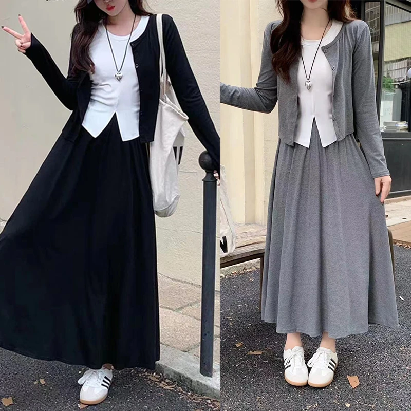 【安安专属】2024秋季新款休闲显瘦开叉长袖上衣长裙三件套装女1501