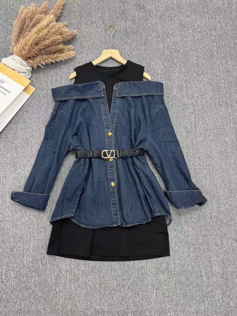 欧货女装2024原创不撞衫秋季新款假两件拼接收腰露肩连衣裙