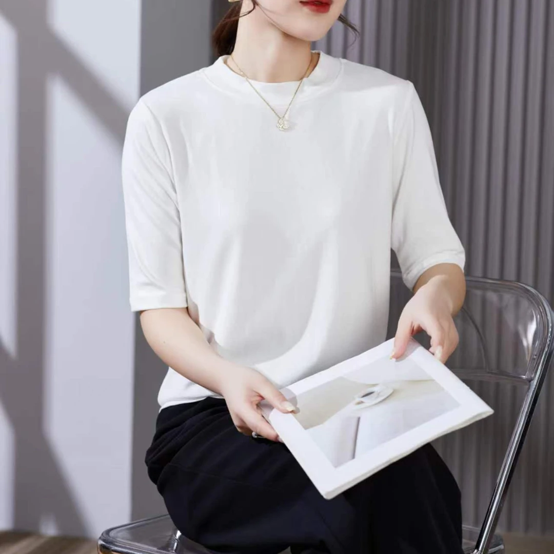 五分袖简约打底衫女秋季T恤百搭显瘦小立圆领内搭纯色气质女半袖