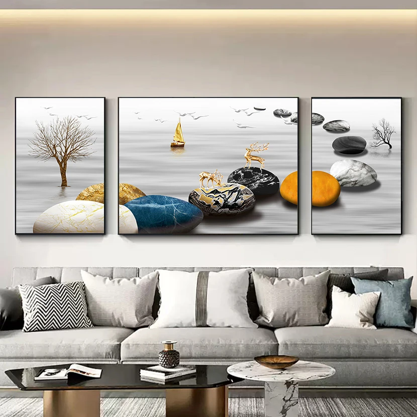 〖石来运转〗轻奢客厅挂画沙发背景墙三联金色设计铝合金晶瓷装饰画