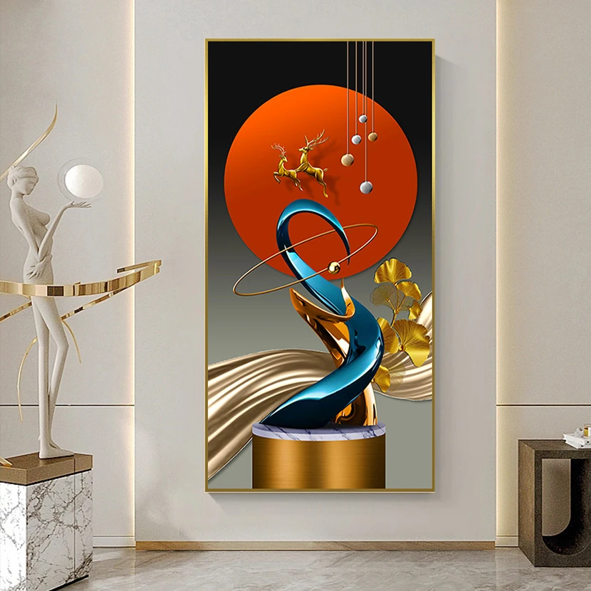 〖前程似锦〗玄关画现代简约竖款轻奢晶瓷镶钻装饰画合金画框X21