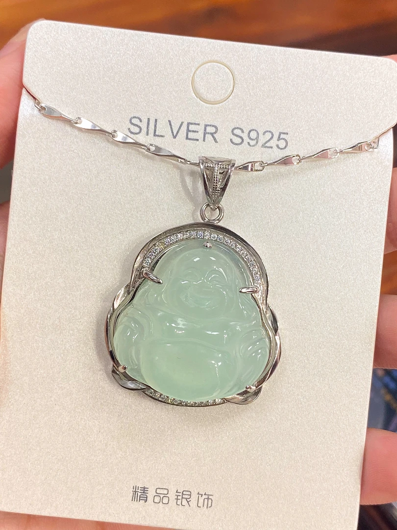 坠链均925银 银链 925银 大号淡绿色佛面项链大佛公