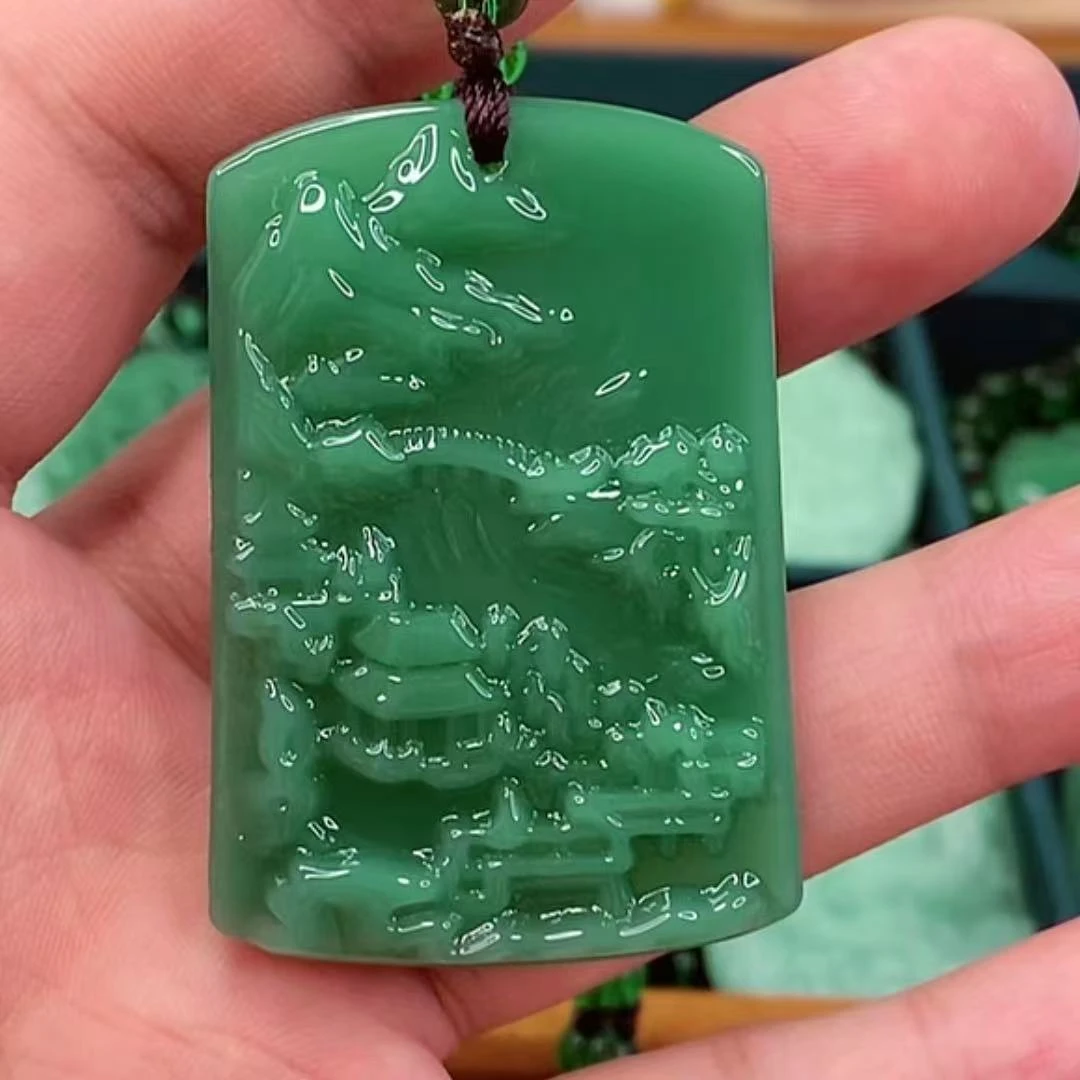 1.深绿山水牌方牌吊坠经典时尚百搭款