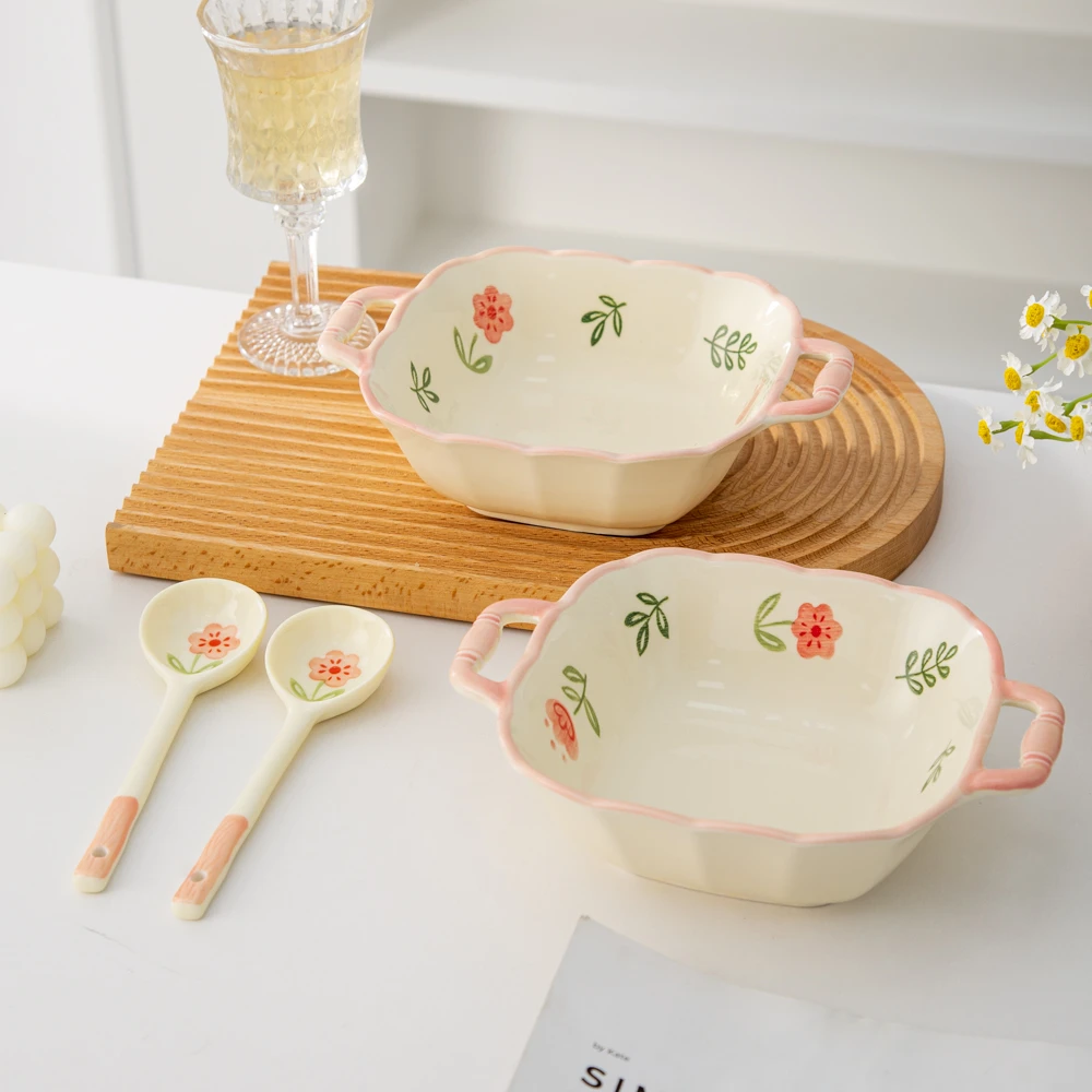 四季花可爱清新高颜值家用陶瓷餐具8.5英寸双耳深碗加长柄勺子