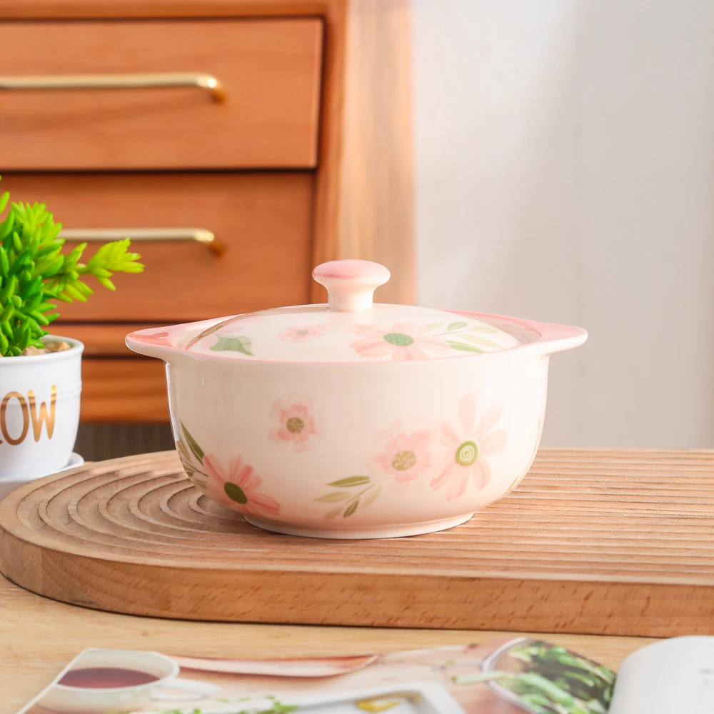 珊瑚海系列小清新高颜值家用陶瓷餐具6.5英寸陶瓷盖双耳泡面碗