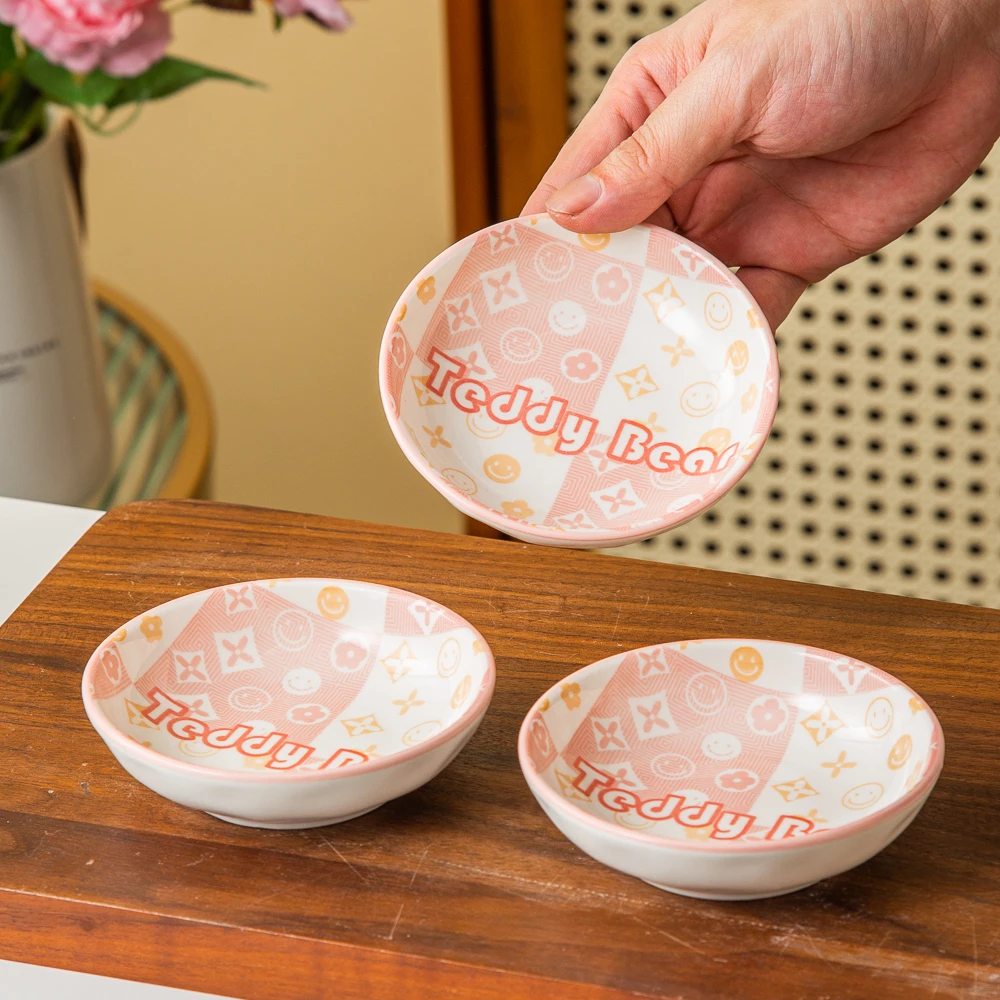 家用陶瓷餐具美二烧釉下彩粉萌抱抱熊石纹圆碟（6个装）