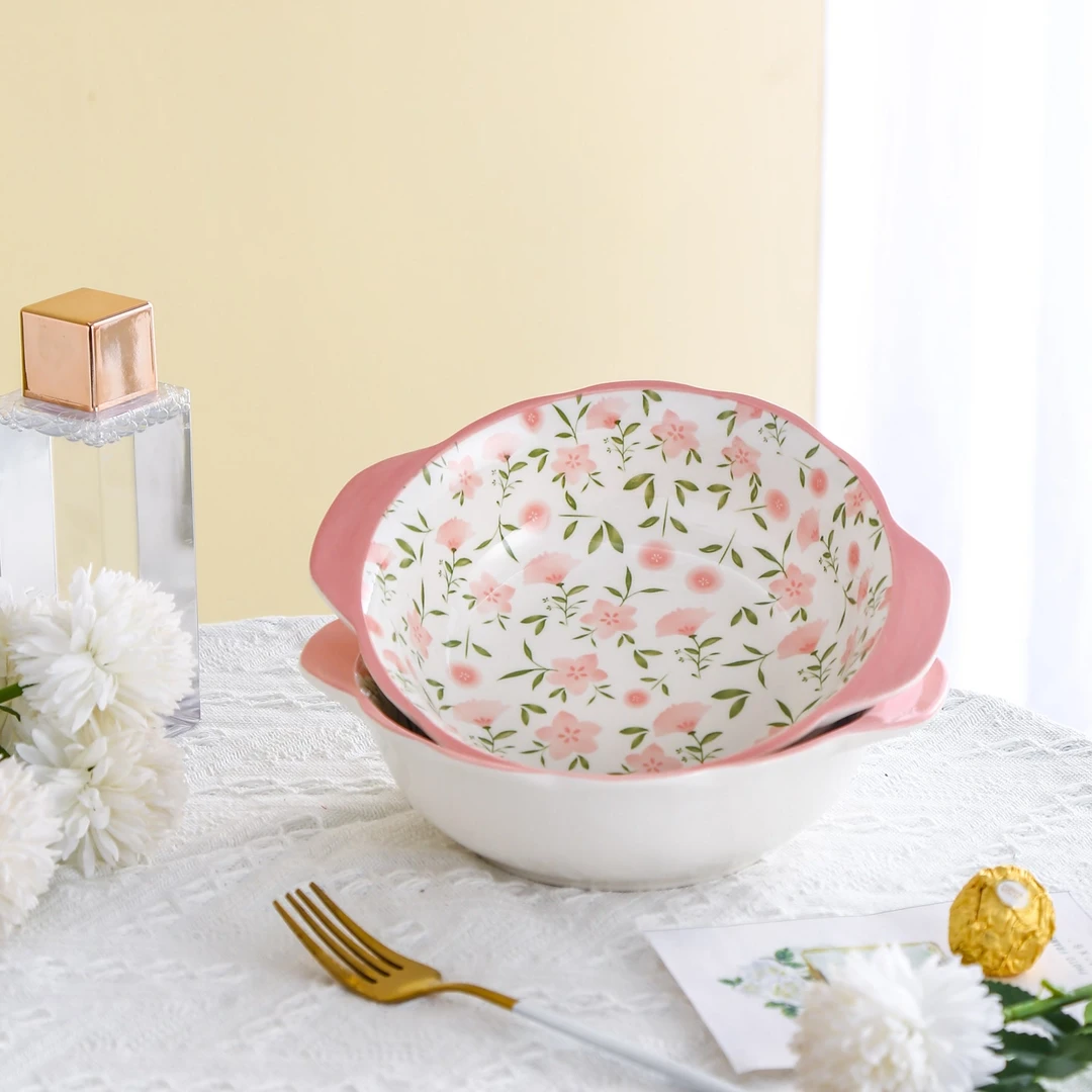 桃花系列小清新高颜值家用陶瓷餐具8英寸双耳反口碗(2个装)