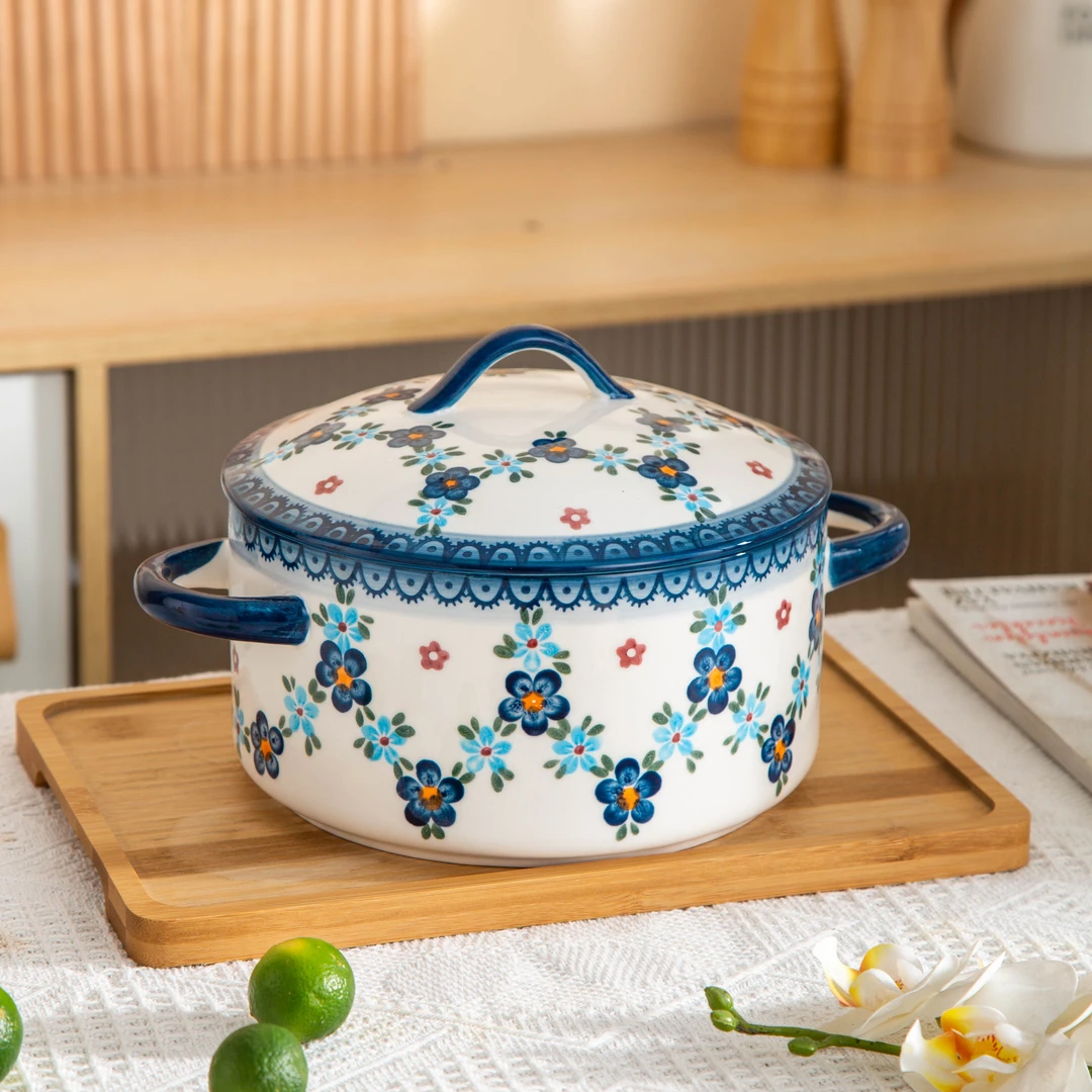 外贸出口蓝星花开系列9.5英寸双耳带盖水煮鱼汤碗面碗-不可明火