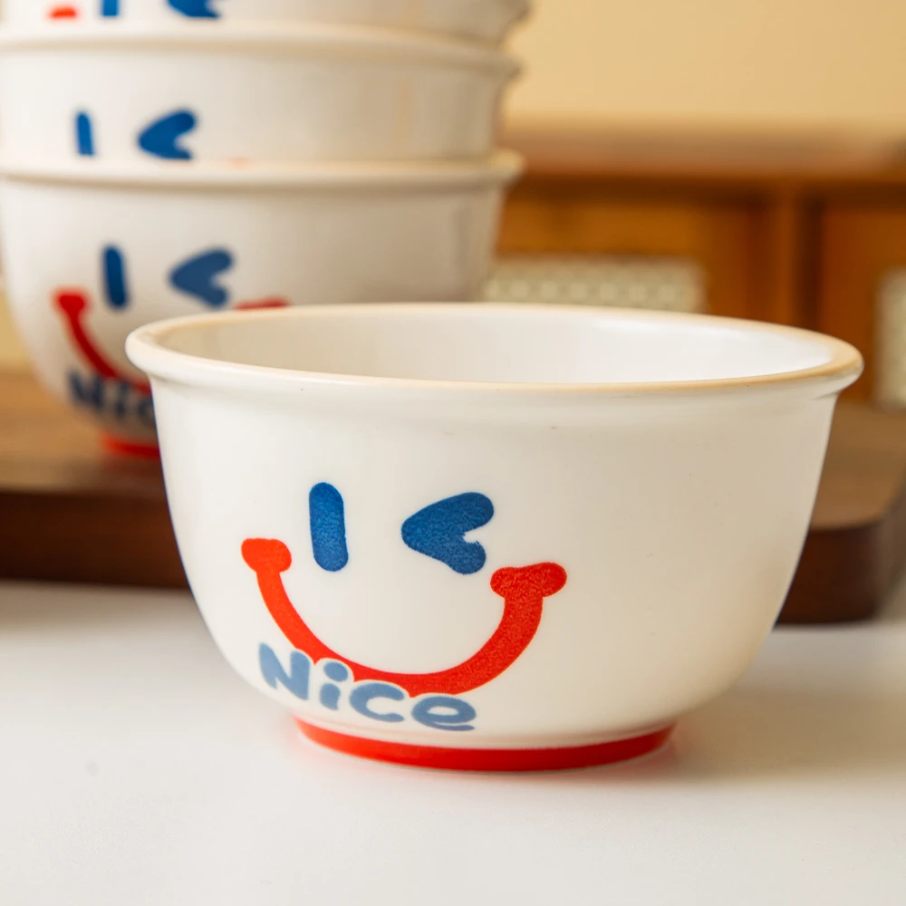 家用陶瓷餐具美二烧釉下彩ins网红微笑4.6英寸米饭碗（4个装）