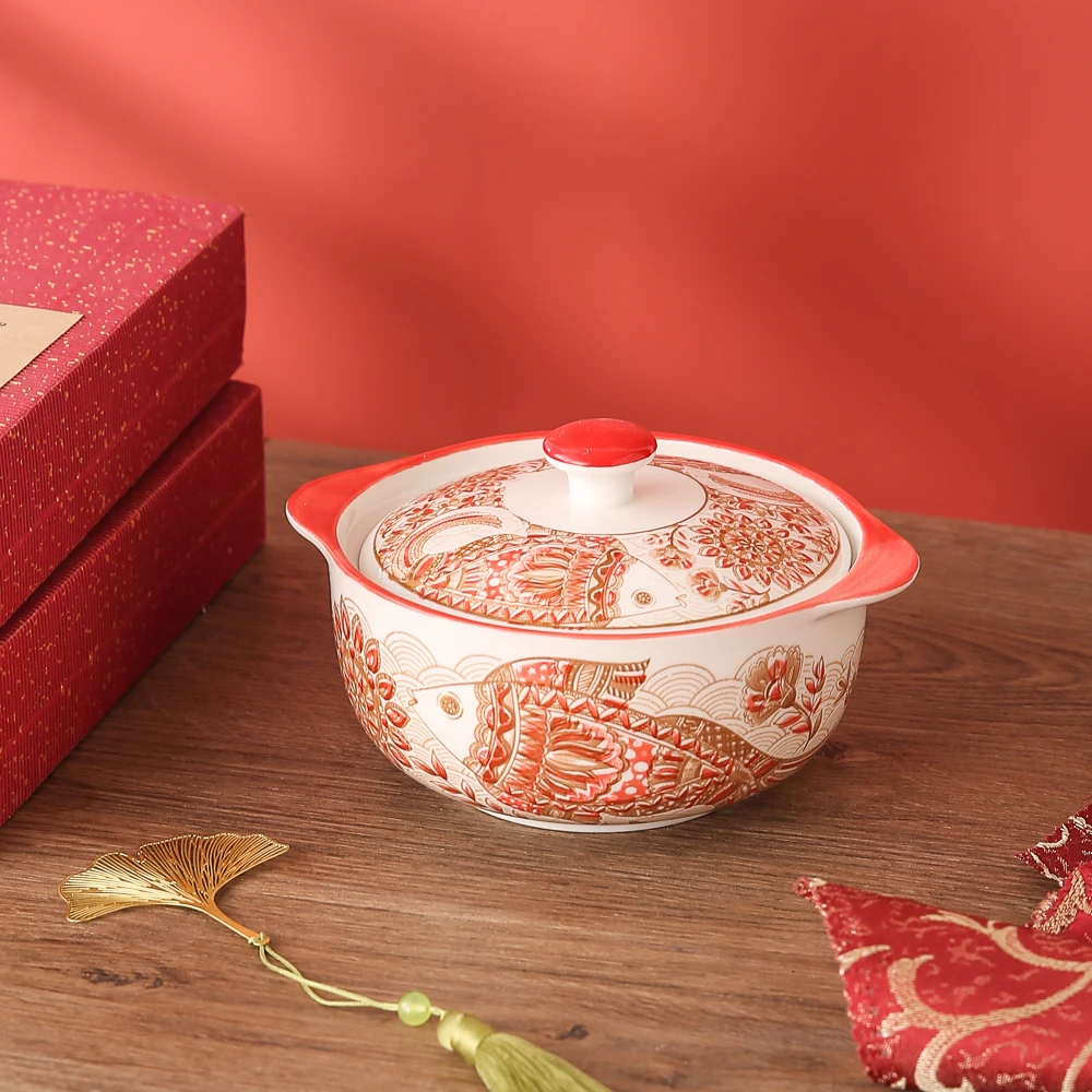 鱼跃龙门系列网红款高颜值陶瓷餐具6.5英寸双耳带陶瓷盖汤碗