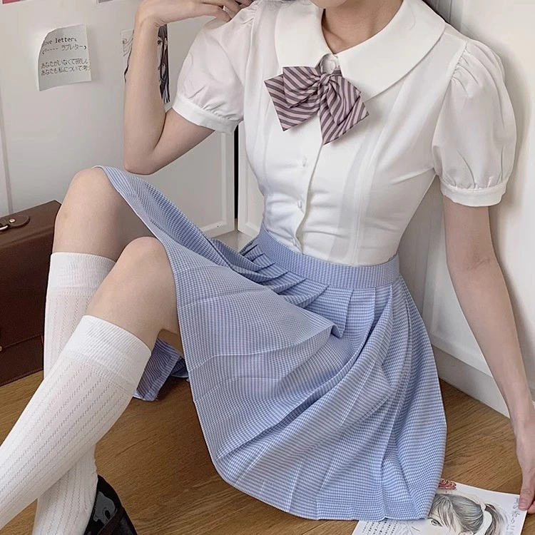 千鸟jk制服浅蓝色百褶裙女学生百搭夏季短裙校供日系学院风半身裙