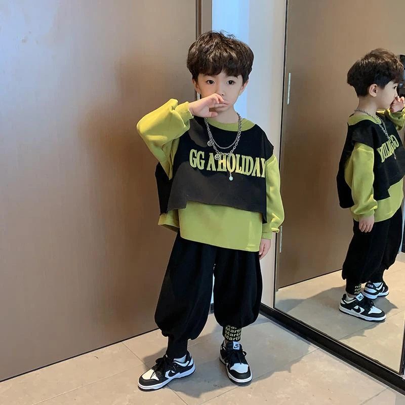 男童秋装套装2024新款宝宝卫衣马甲三件套洋气儿童春秋款时髦衣服