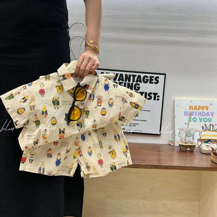 男童夏季套装2024新款洋气时髦儿童宽松满印衬衫宝宝休闲两.