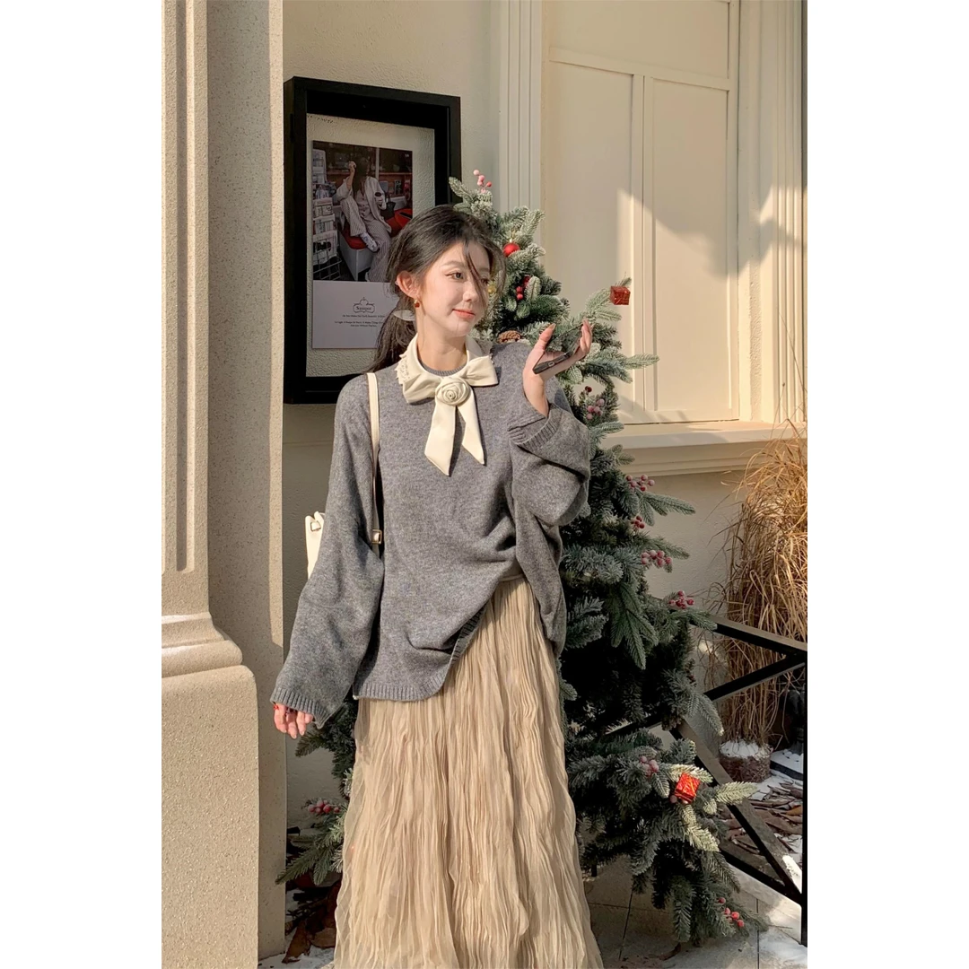 慵懒宽松灰色毛衣+白玫瑰手工假领+层叠仙气纱裙秋冬半身裙三件套