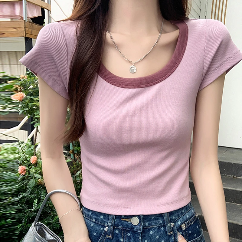 诗茵黛撞色u领正肩短袖t恤女夏季新款设计高级感修身百搭短款上衣