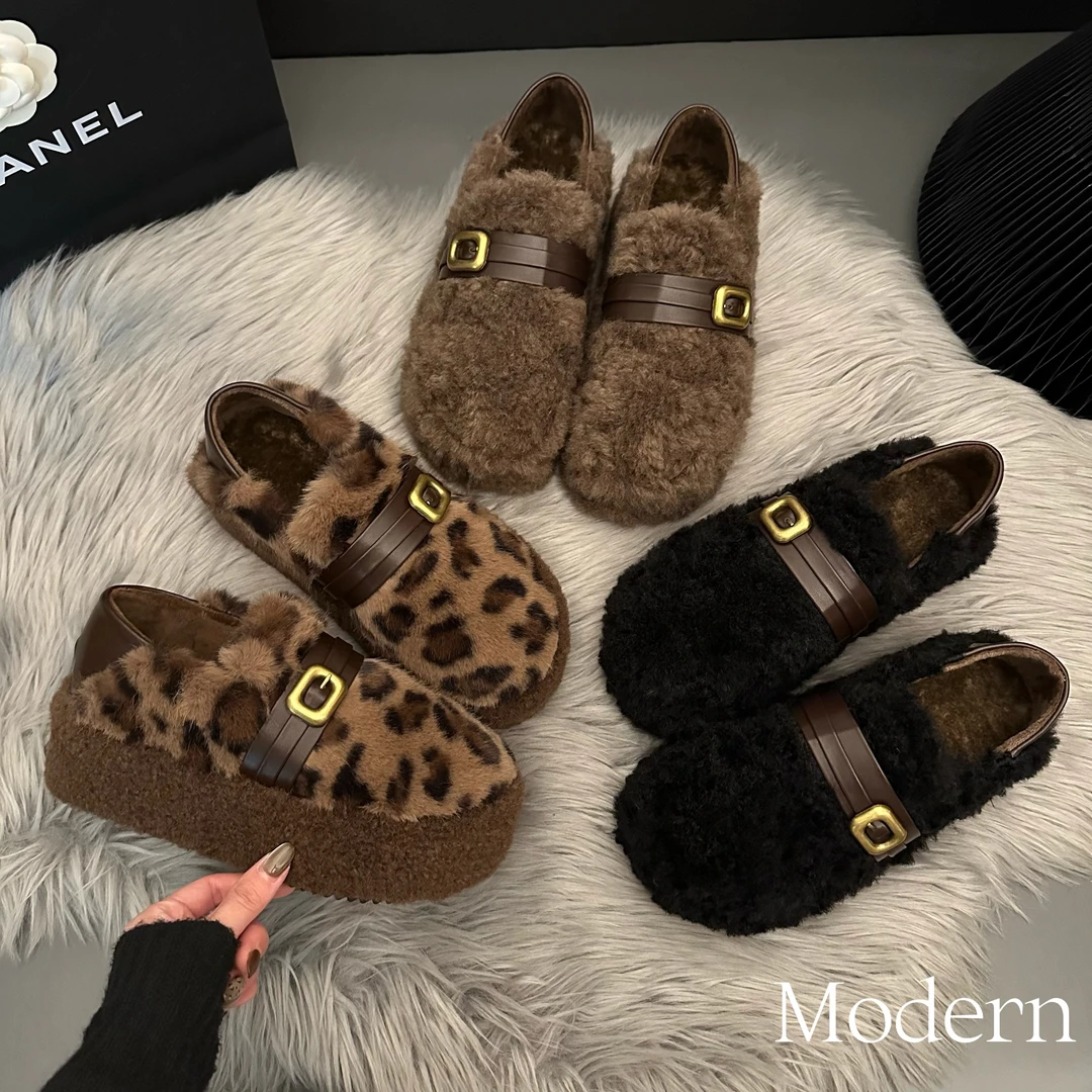 厚底高级金属扣加绒毛毛鞋女外穿2024秋新韩版气质百搭棉鞋6cm