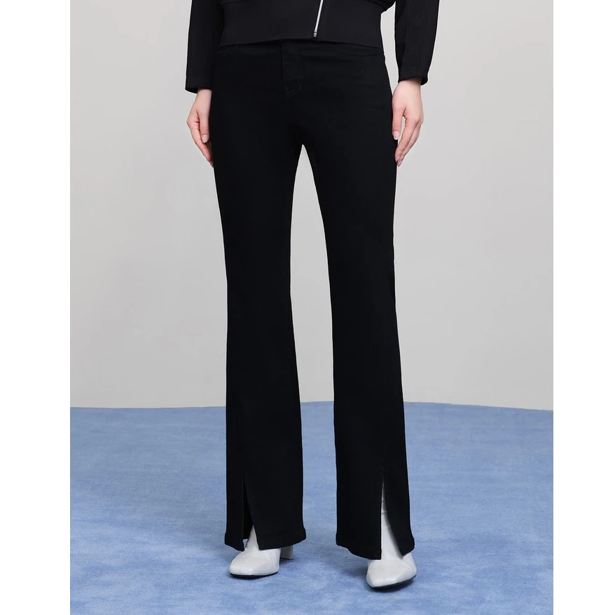 玖姿雅致黑牛仔面料复古摩登喇叭裤