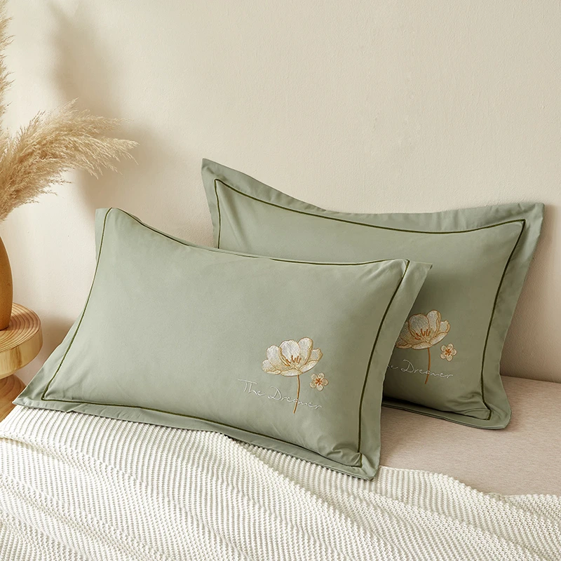 成人枕头套单只枕套简约家用纯色绣花48×74cm/磨毛枕芯套一对防螨