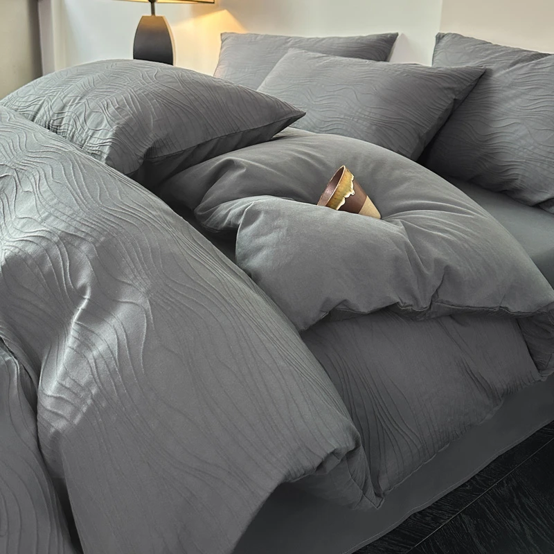 全棉线条提花四件套简约纯色印花纯棉床单被套学生宿舍单人三件套