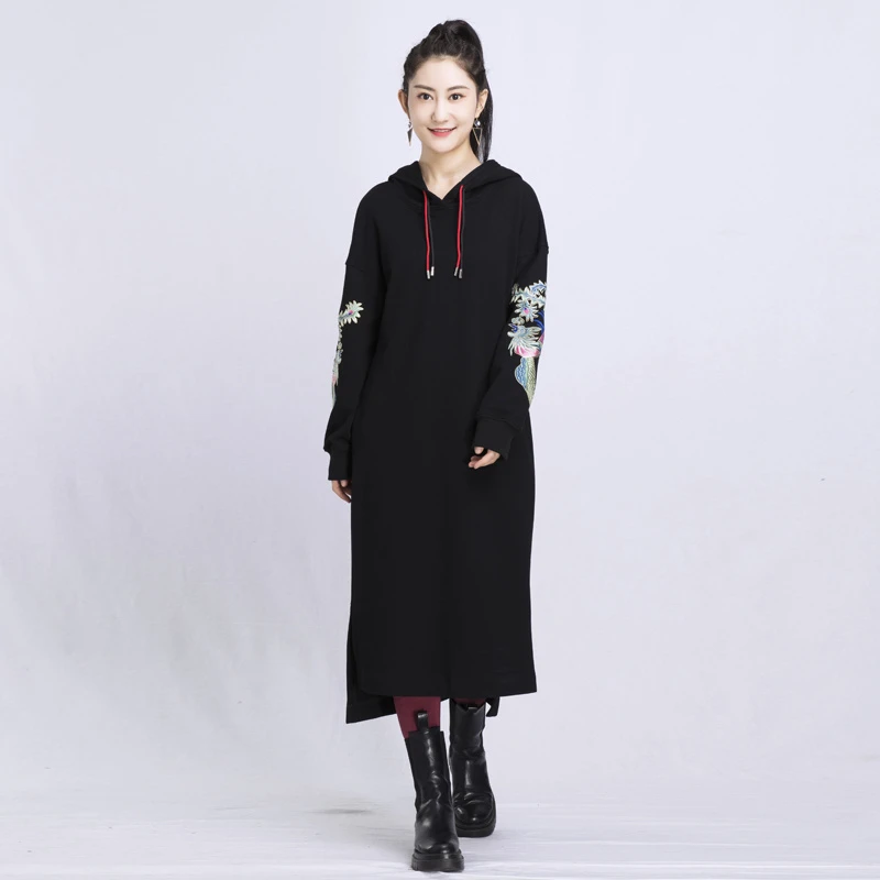 7605袯荟国潮刺绣长款卫衣女2022新款时尚连衣裙遮臀连帽长袖