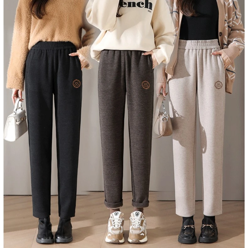 秋冬新款羊毛直筒裤百搭显瘦松紧腰时尚高腰宽松休闲加厚老爹裤