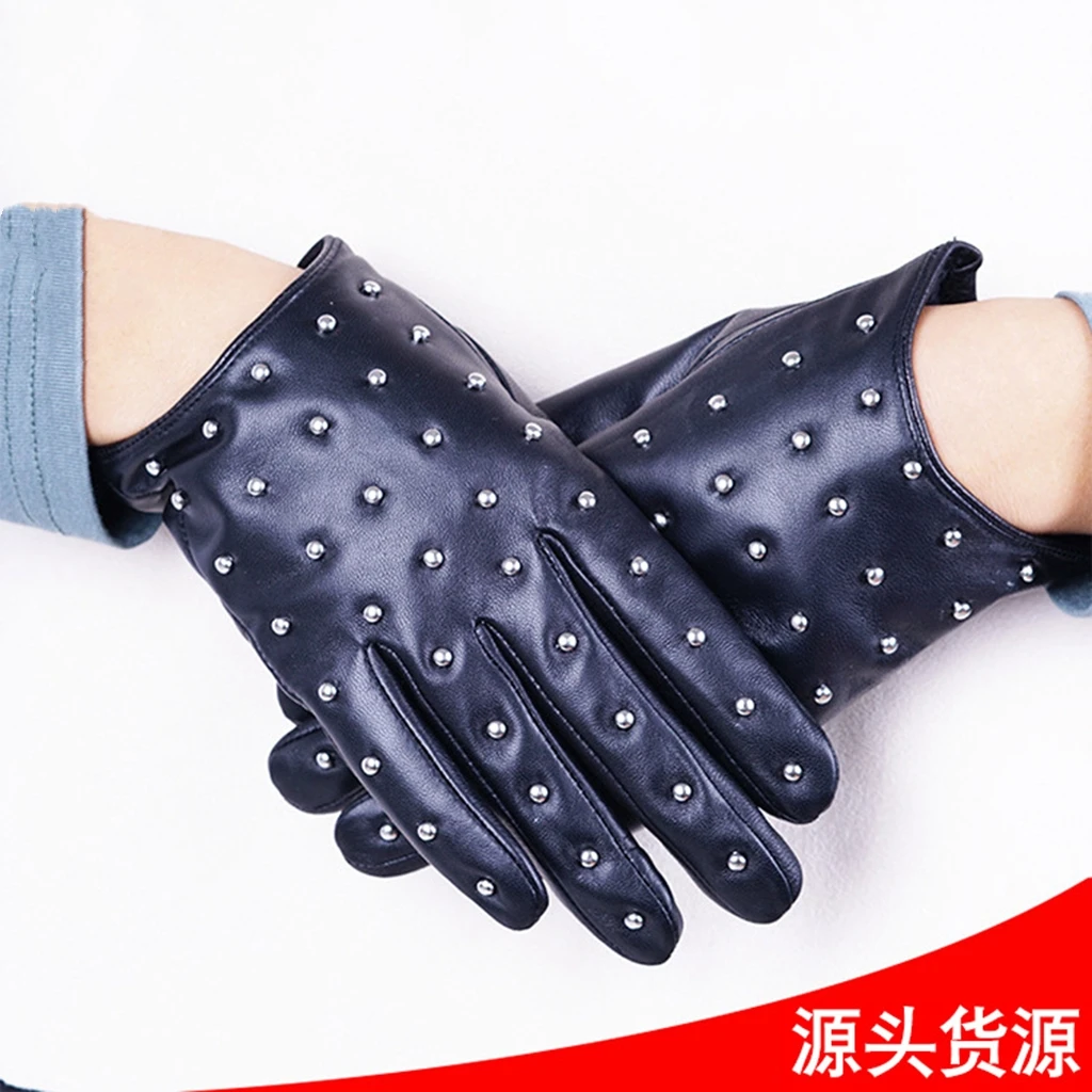 冬季新款女士 铆钉羊皮手套软皮时尚潮流女款真皮手套半指全脂手