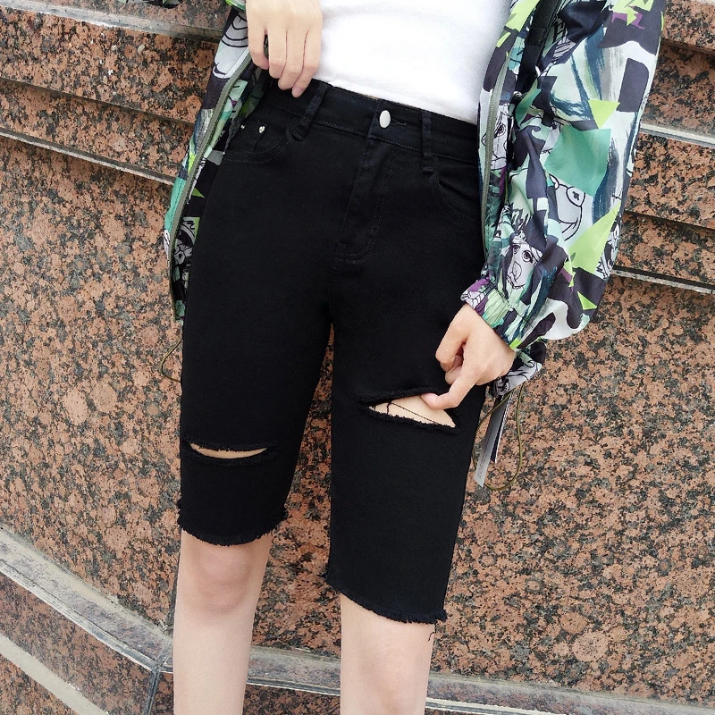 破洞五分裤女夏薄款牛仔裤短裤高腰直筒毛边紧身骑行网红弹力中裤