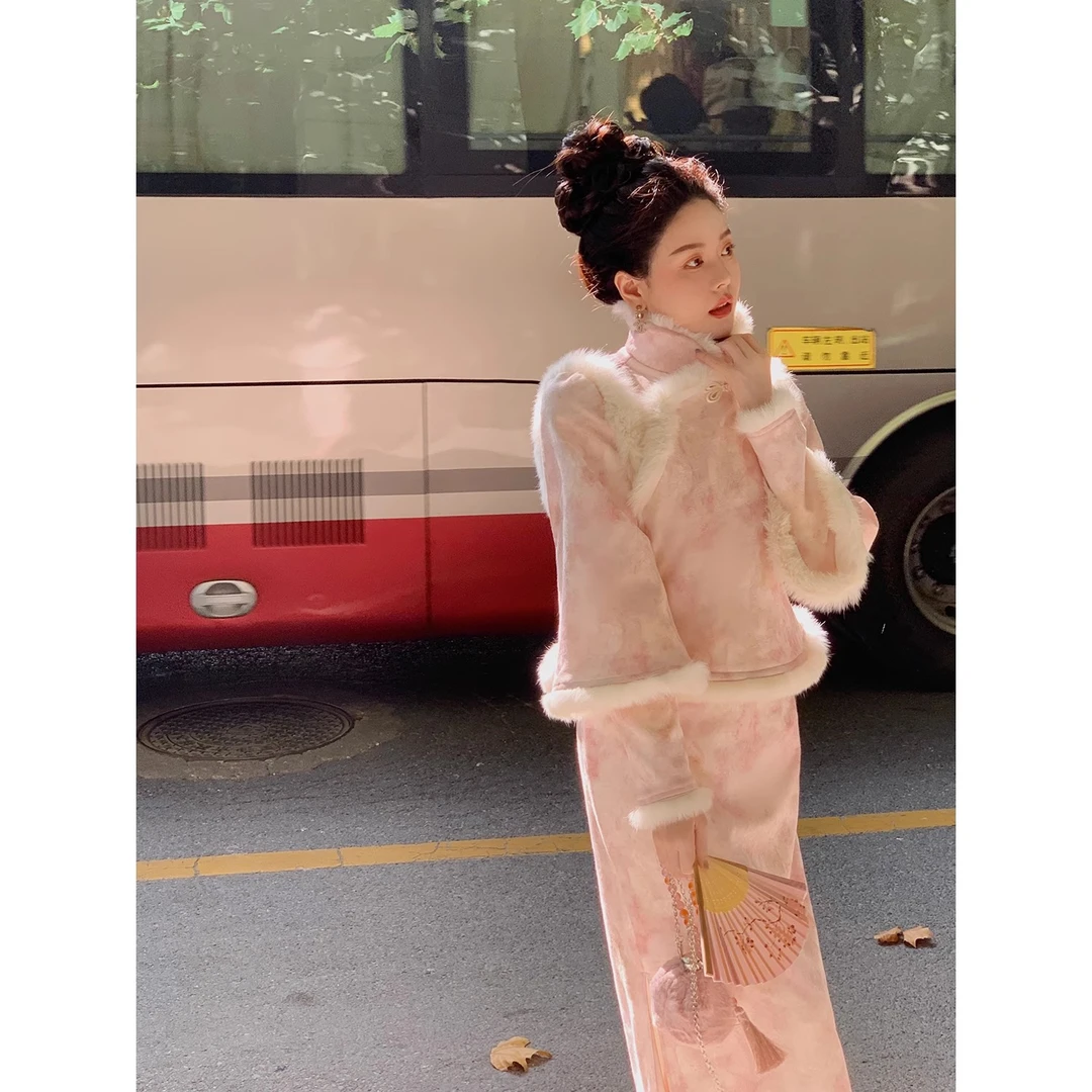 新中式加绒加厚旗袍裙马甲套装女2023秋冬新名媛气质高级感两件套