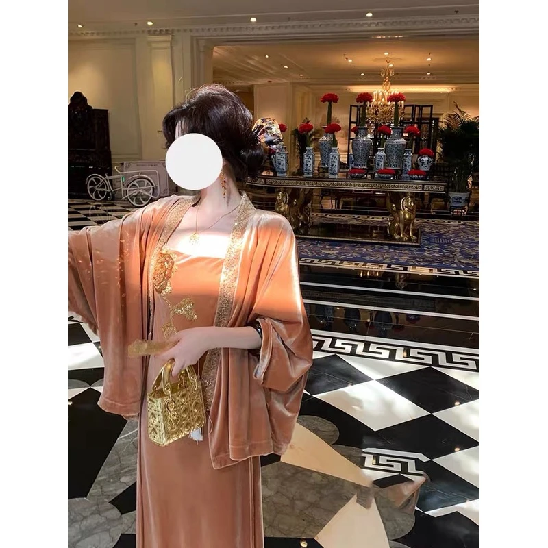 新中式国风丝绒重工黑金套装连衣裙女华丽高级感御姐修身套装裙女