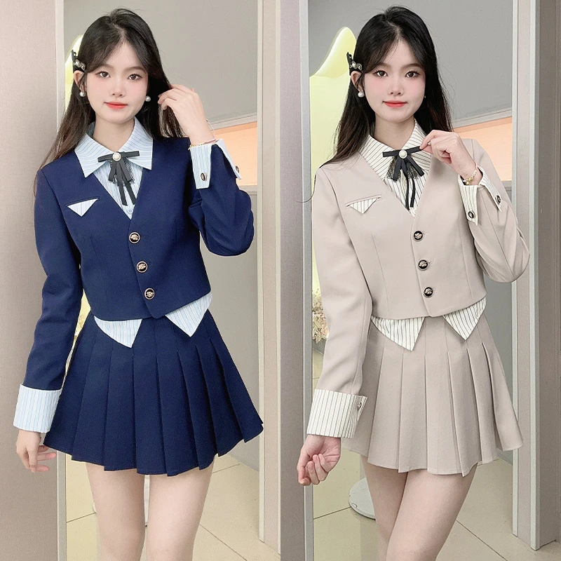 美式复古学院风套装女春秋高级感假两件上衣百褶半身裙时尚两件套