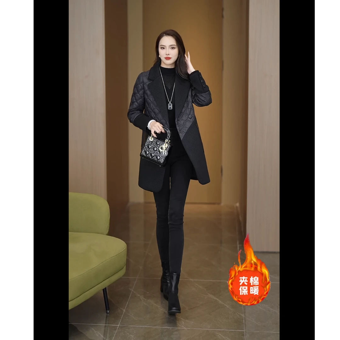 棉衣女中长款2024秋冬新款洋气质时尚棉服夹棉拼接毛呢外套潮8