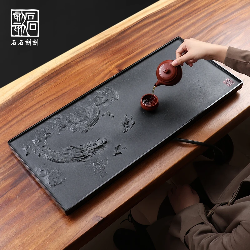 石石刻刻游龙戏珠乌金石茶盘客厅家用精雕刻天然石茶台排水茶海