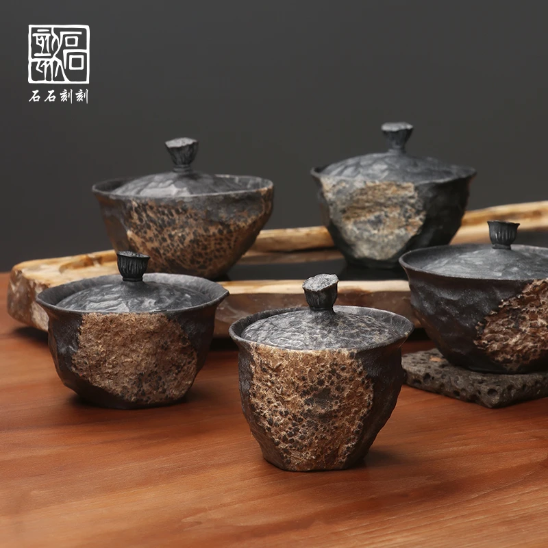 石石刻刻天然冰碛岩随形精品原石带黄皮收藏级大号盖碗防烫泡茶杯