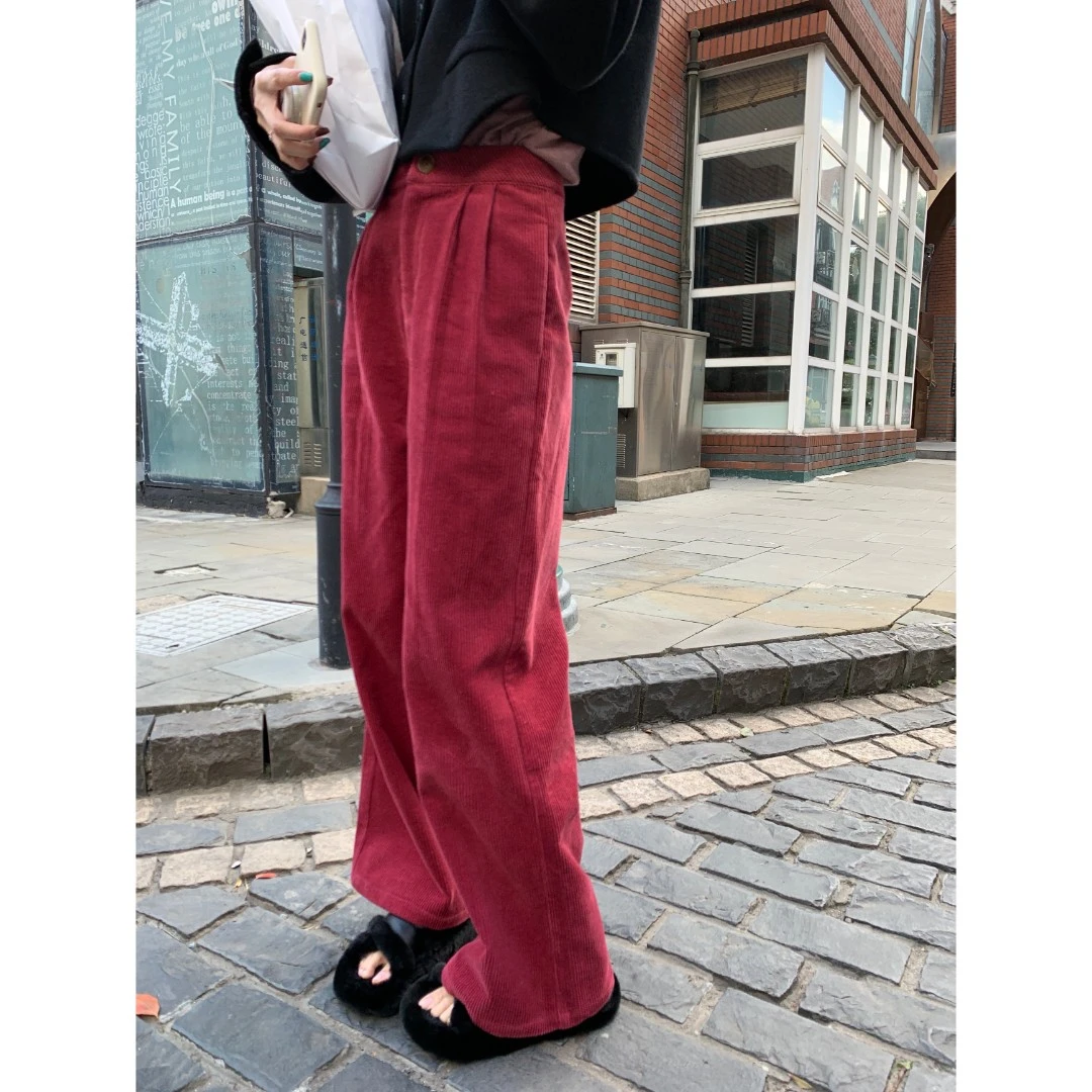 SourceWithU 一眼万年 浆果色灯芯绒休闲裤女直筒垂感拖地阔腿裤