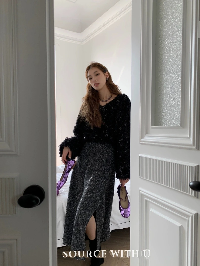 SourceWithU 12.9 哈德逊港湾 羊毛亮片针织油画开衩半裙