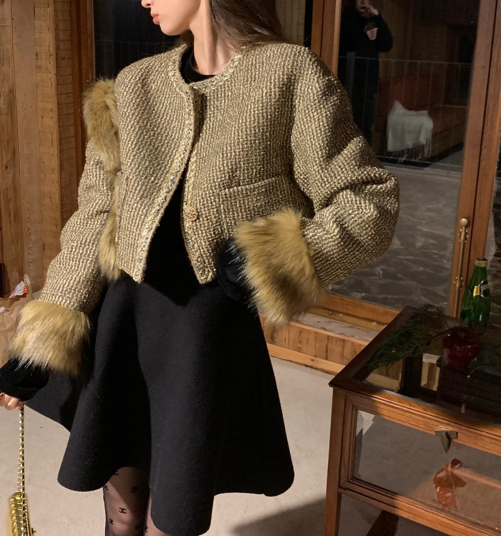 SourceWithU贵气橄榄棕 设计感大衣女金线毛绒拼接名媛时尚短外套