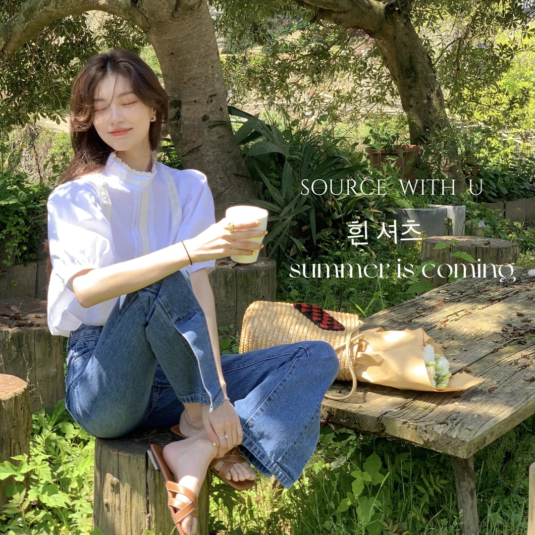 SourceWithU 拼接蕾丝花边灯笼袖新款宽松短袖纯棉白色衬衫女