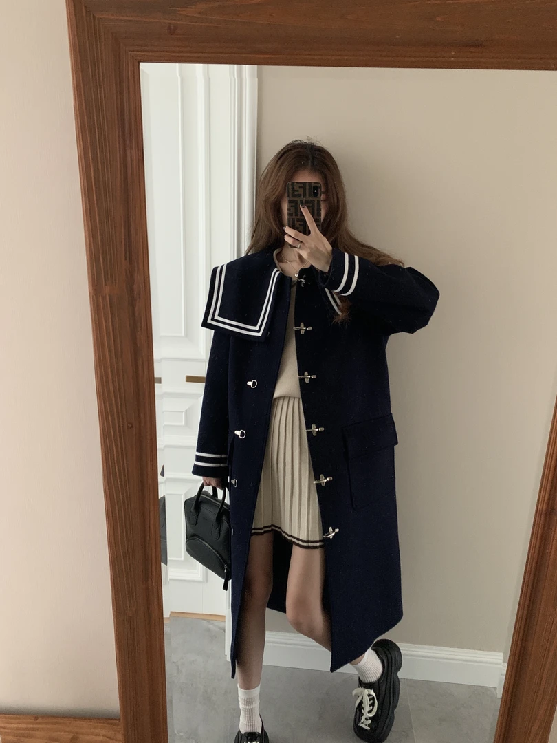 SourceWithUsa西伦敦区 100羊毛单面尼大衣海军领学院风外套女