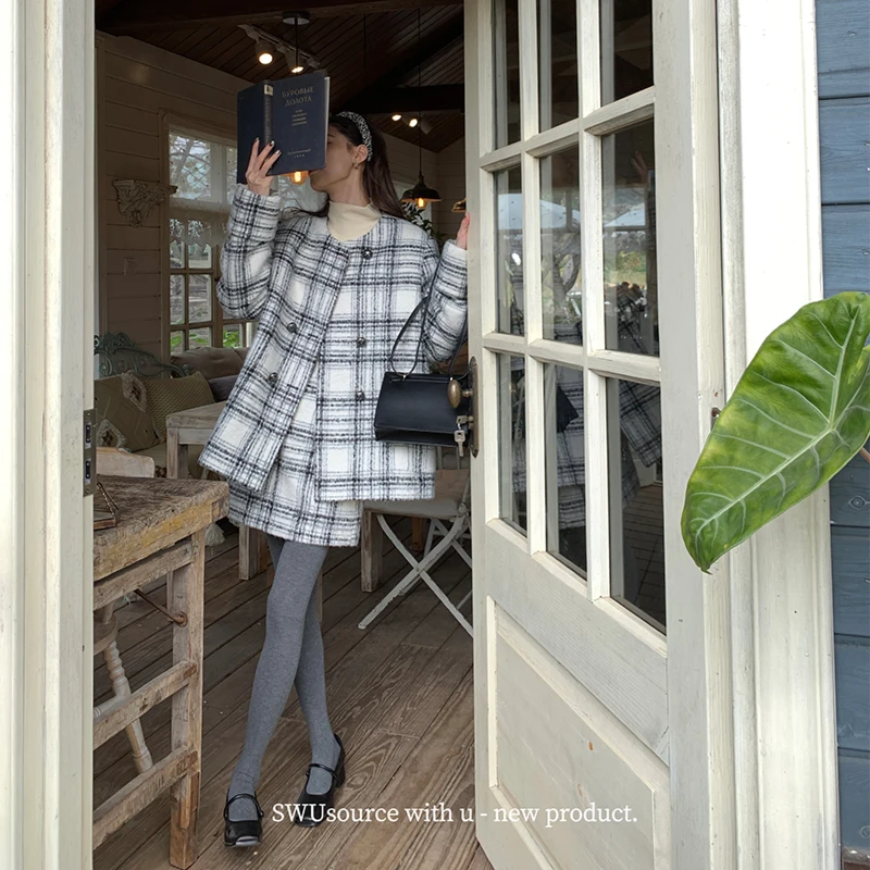 SourceWithU sa奥利奥套装 自线黑白格羊毛双面尼大衣半身裙秋冬