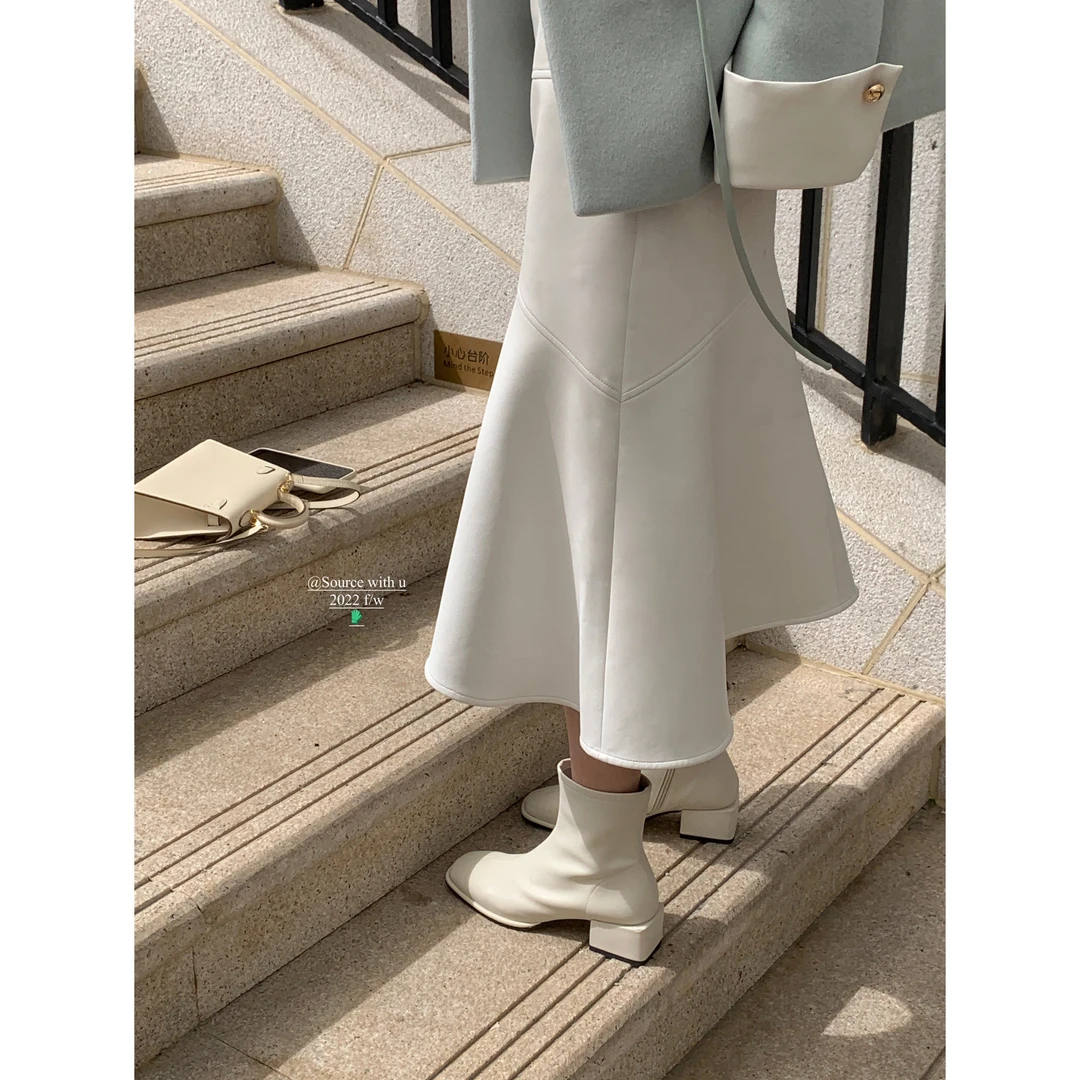 SourceWithU 南法珍珠 百万剪裁pu鱼尾裙廓形设计感半身裙a字裙