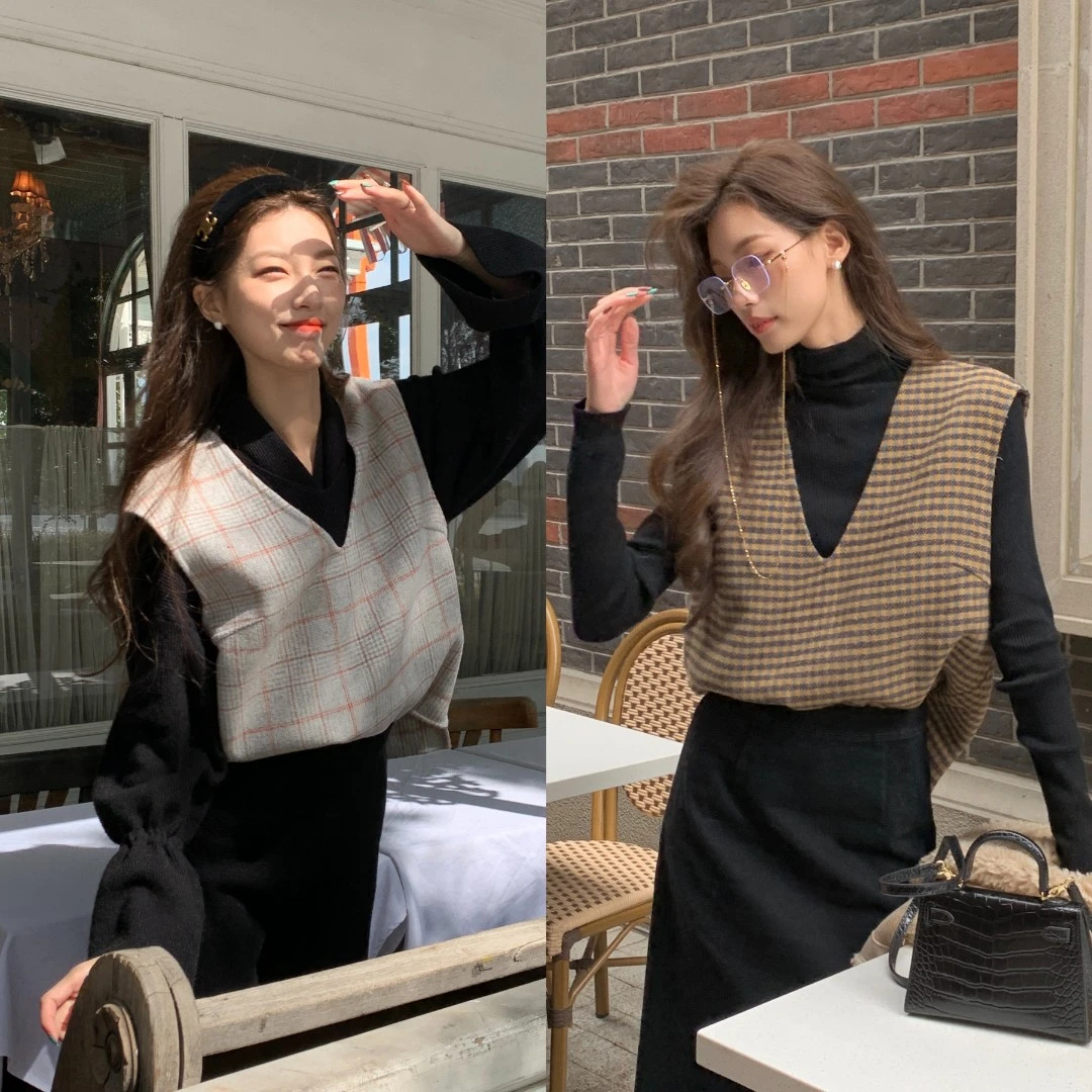 SourceWithU Sienna2色原创格纹羊毛呢V领背心女马甲内搭慵懒上衣