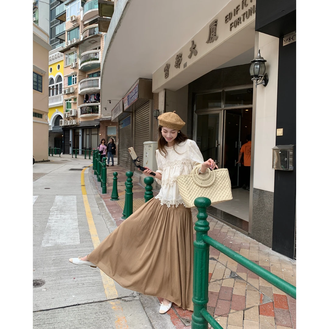 SourceWithU 午安栗子挞 打揽褶皱半身裙设计感弹力大摆a字长裙