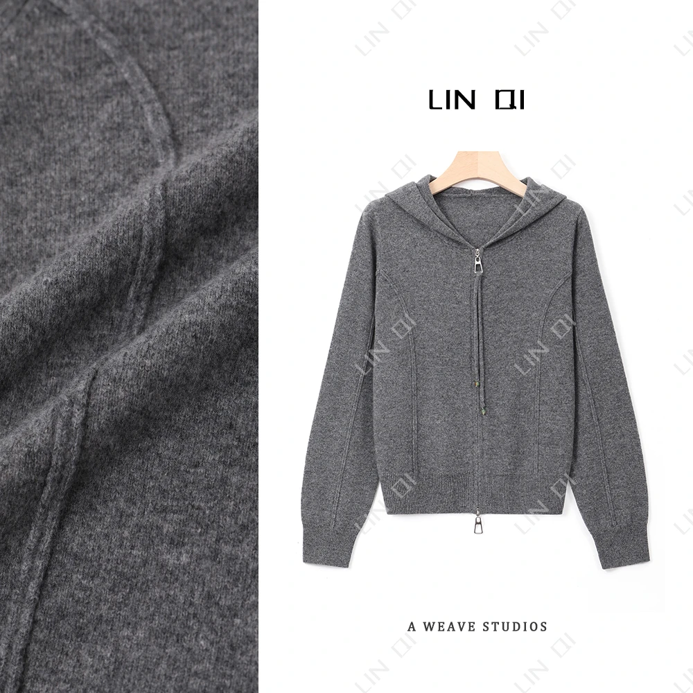 100%绵羊毛时尚连帽双拉链针织上衣女