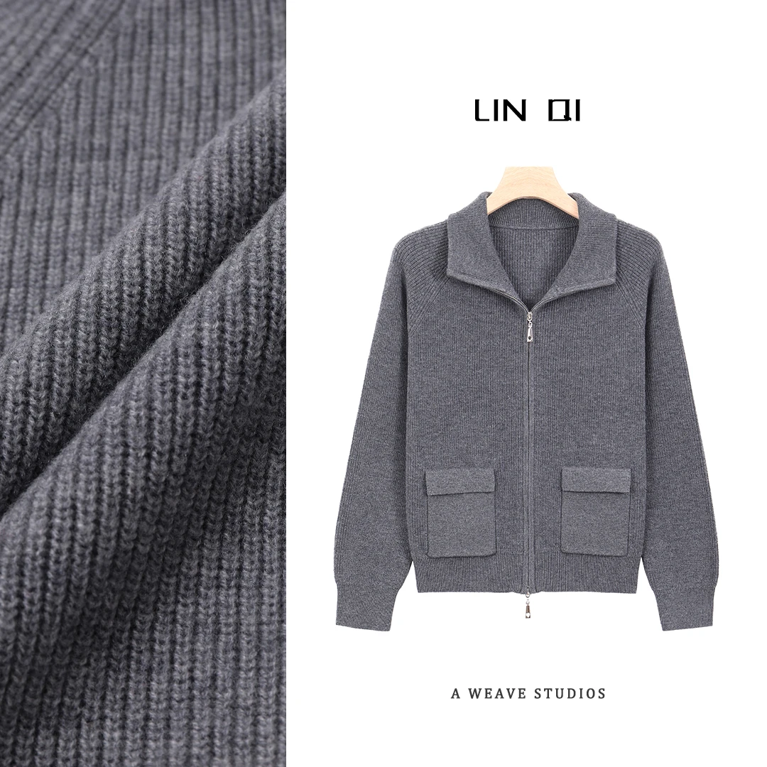 100%绵羊毛！！！秋冬季气质双拉链翻领带兜针织衫女上衣